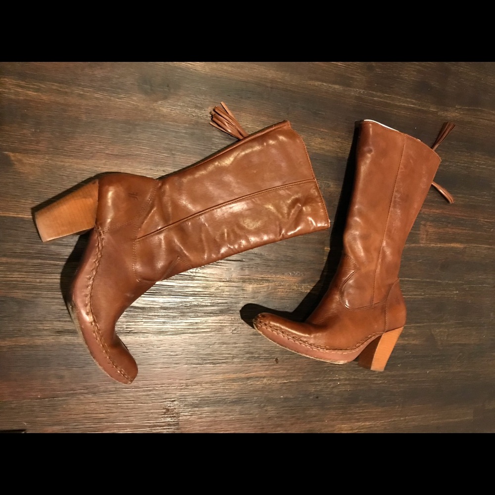 FRYE Regina Zip Boots Brown leather stacked